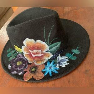 Hand painted flat brim hat with floral designs